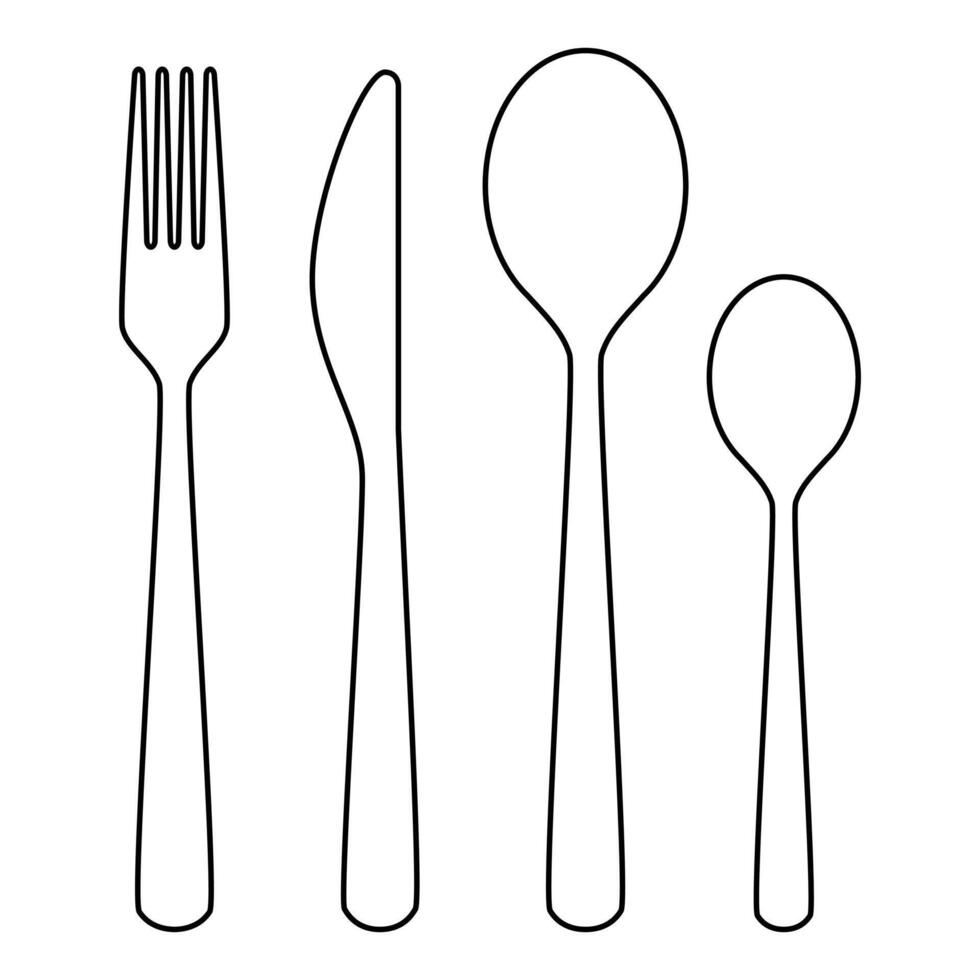 cutlery - fork, knife, spoon, teaspoon outline silhouette shape, set of black and white illustration, isolated on white background vector