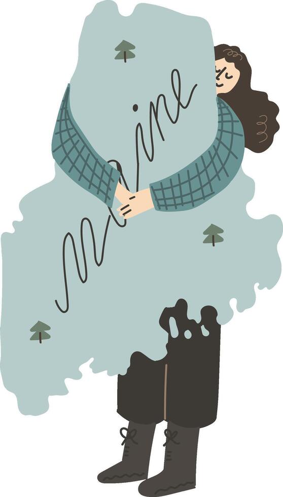 Girl in Checkered Shirt Hugging Maine State Map vector