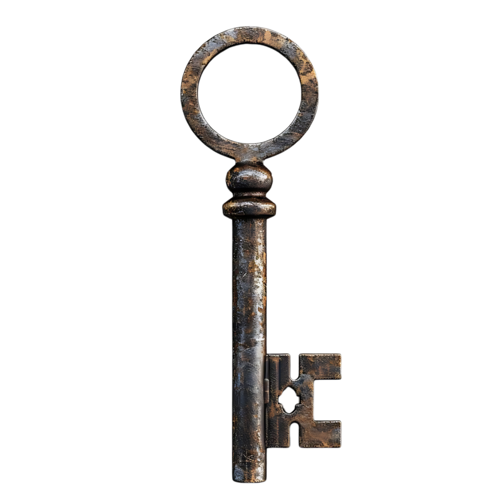 3D Render of an Old Rusty Key with a Striped Background png