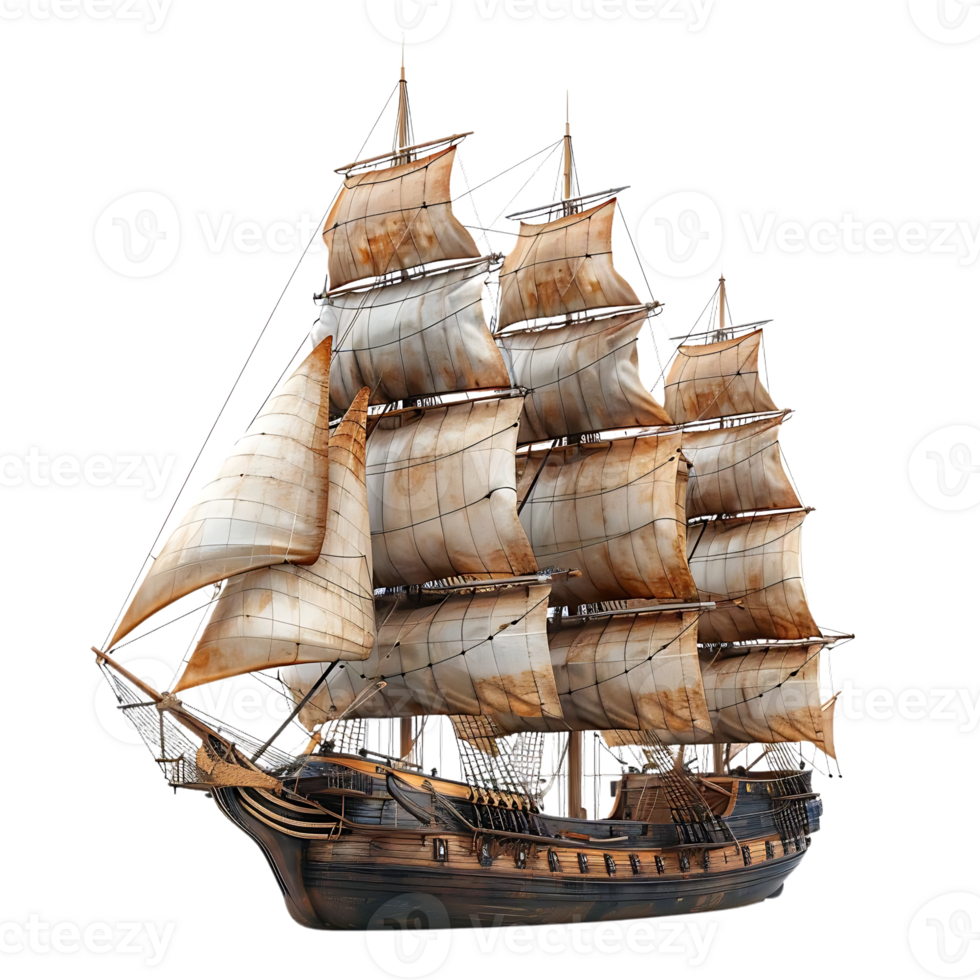 3D Render of an Old Wooden Sailing Ship with Full Sails png