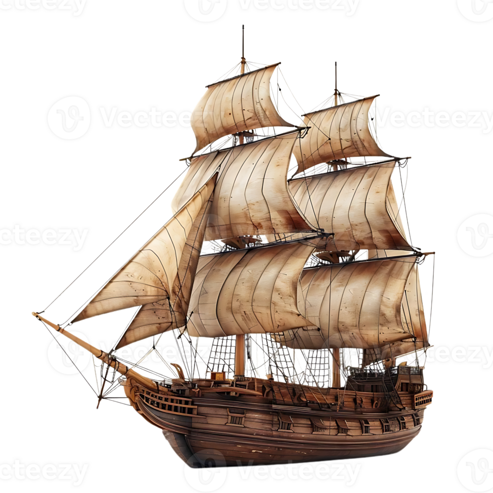 3D Render of a Historic Sailing Ship with Full Sails png