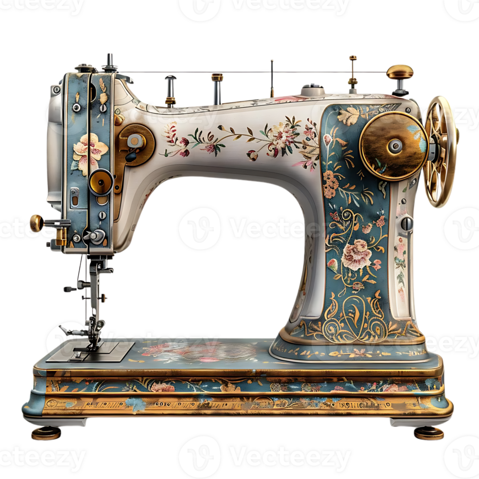 Vintage Sewing Machine with Floral Design 3D Illustration png
