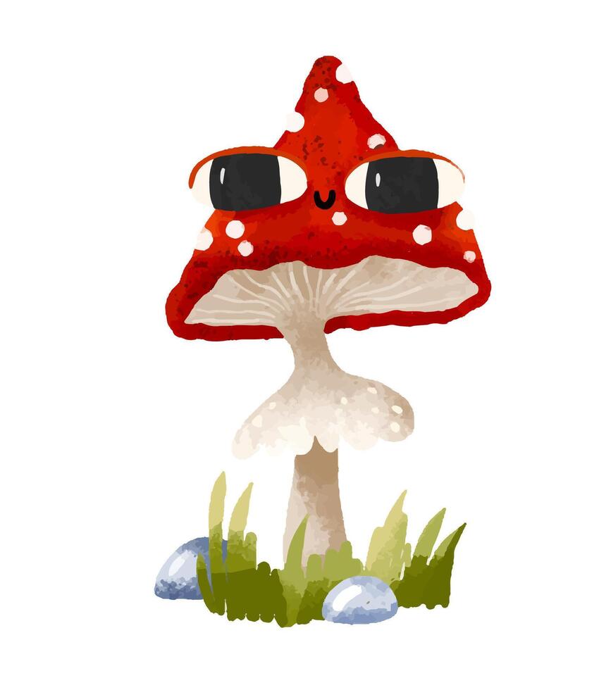 mushrooms. Collection of mycelium of fly agaric mushrooms. Chanterelles, champignons, toadstools and fly agarics. Fairytale mushrooms . Hand drawn cartoon illustration on isolated background vector