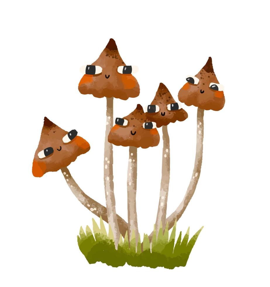 mushrooms. Collection of mycelium of fly agaric mushrooms. Chanterelles, champignons, toadstools and fly agarics. Fairytale mushrooms . Hand drawn cartoon illustration on isolated background vector