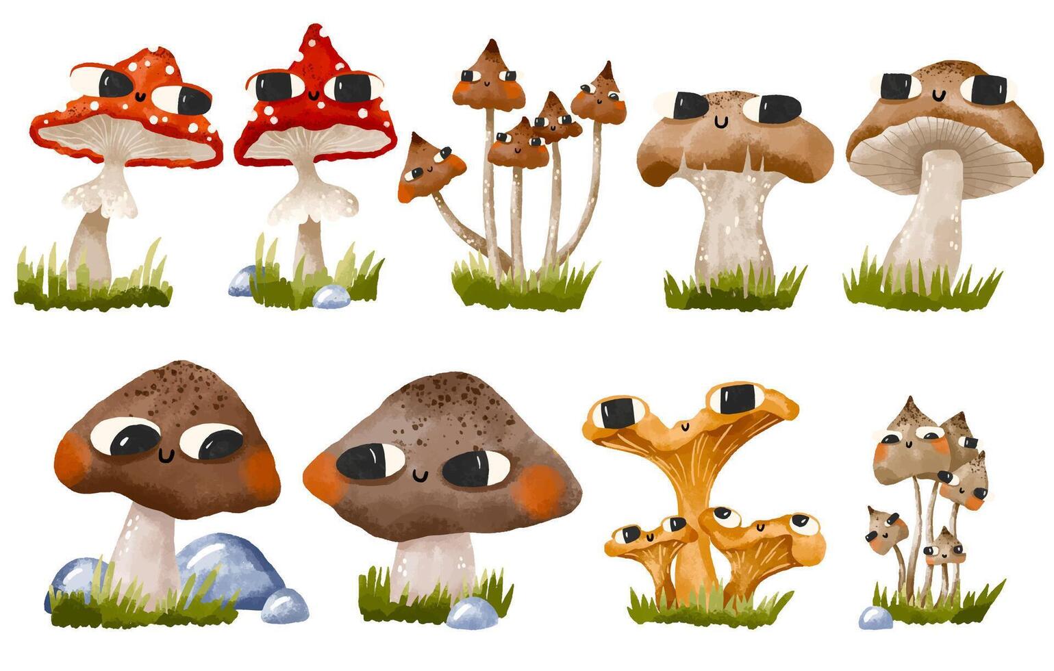 mushrooms. Collection of mycelium of fly agaric mushrooms. Chanterelles, champignons, toadstools and fly agarics. Fairytale mushrooms . Hand drawn cartoon illustration on isolated background vector