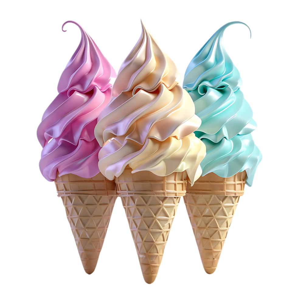 3D Illustration of Three Colorful Ice Cream Cones png