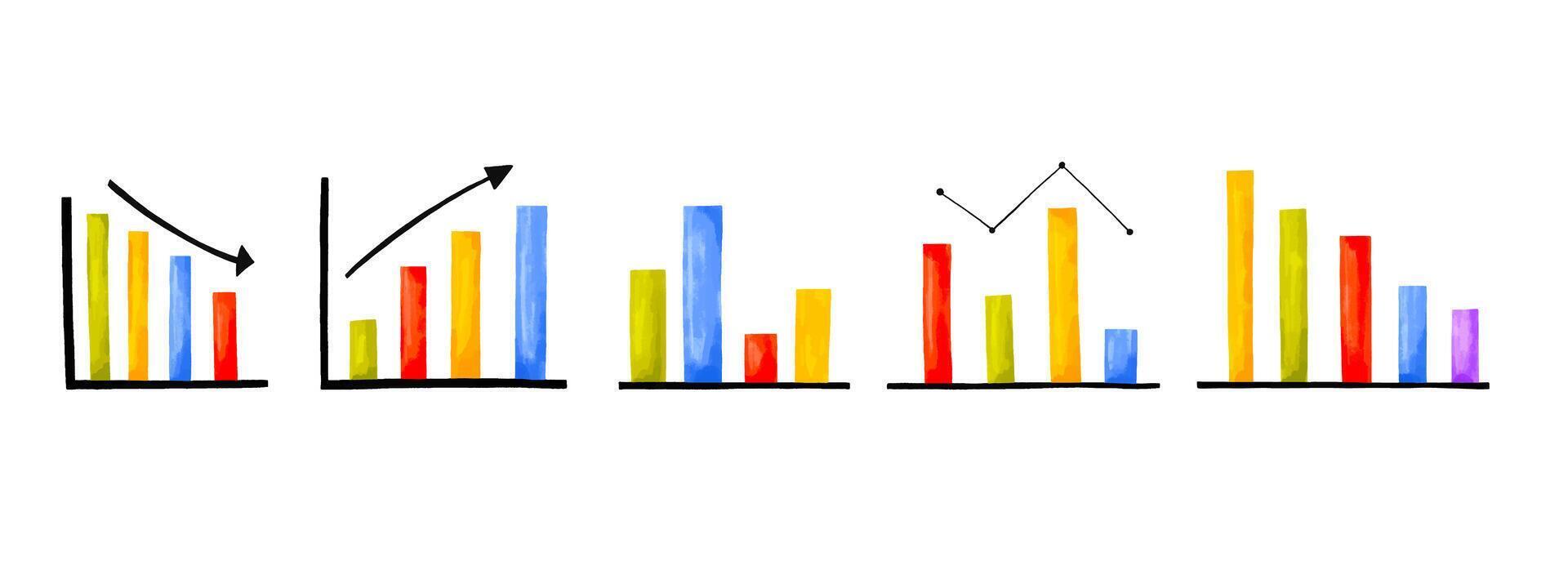 Set of growth graph hand drawn icons. Crtoon Business chart. Fin vector