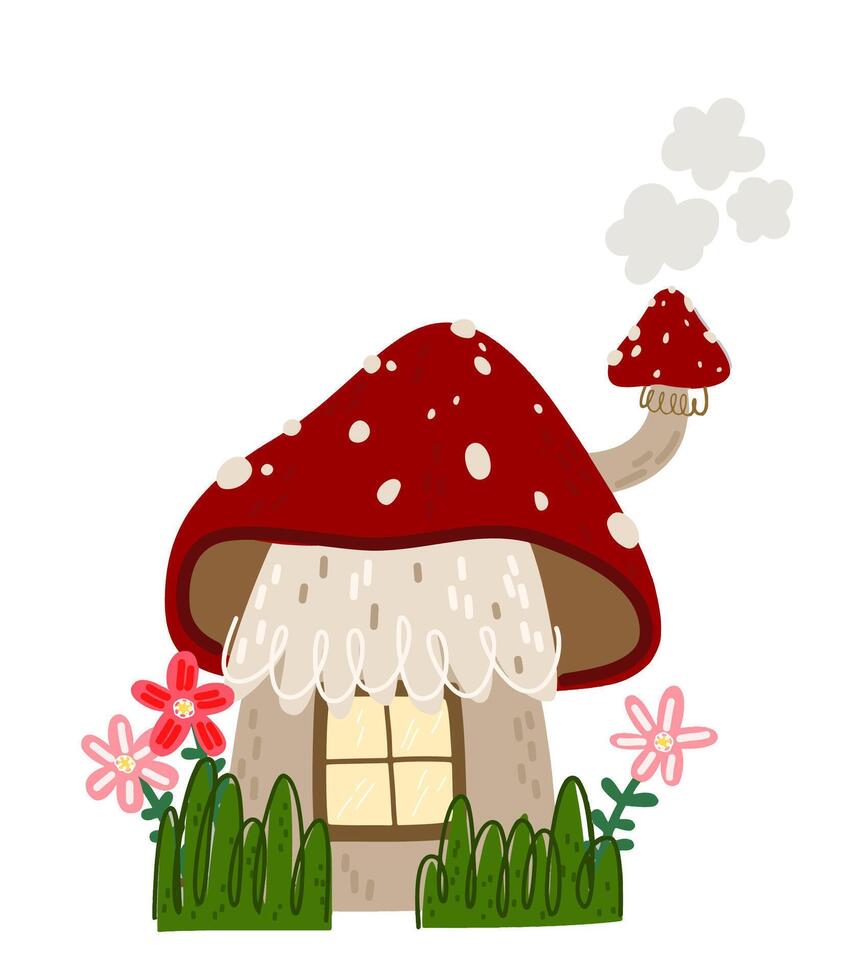Fly agaric mushroom house isolated background. Forest fairytale house. Hand drawn illustration vector