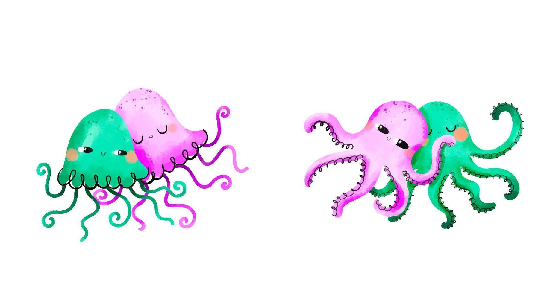 Composition with sea jellyfish and octopus, whales and fish. Und vector