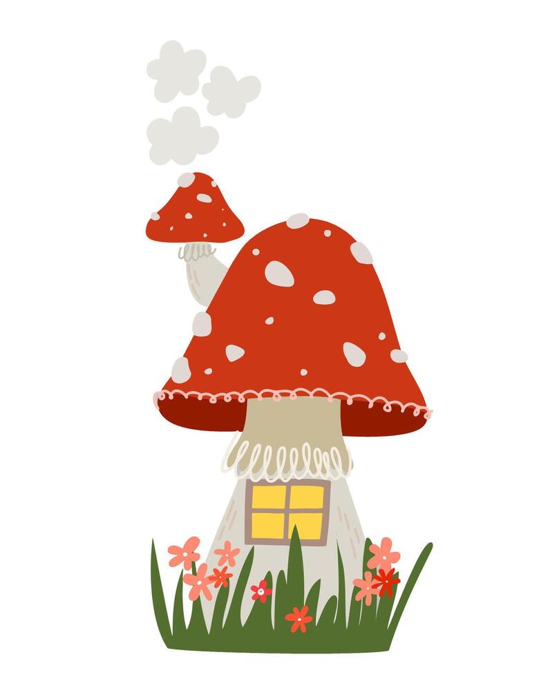 Cartoon hand drawn Fly agaric mushroom house isolated background. Forest fairytale house. Hand drawn illustration vector
