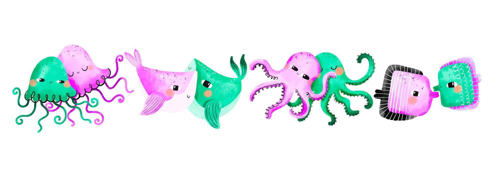 Composition with sea jellyfish and octopus, whales and fish. Und vector