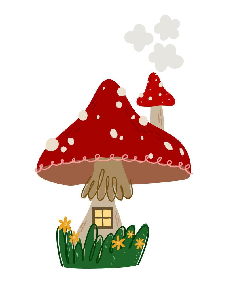 Fly agaric mushroom house isolated background. Hand drawn illustration vector
