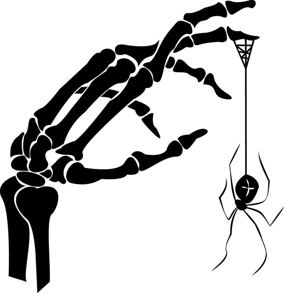 Creepy Halloween Skeleton Hand with Spider Silhouette. Gothic Artistic Decor. Treack and Treat. Scary Halloween Bone Structure. illustration vector