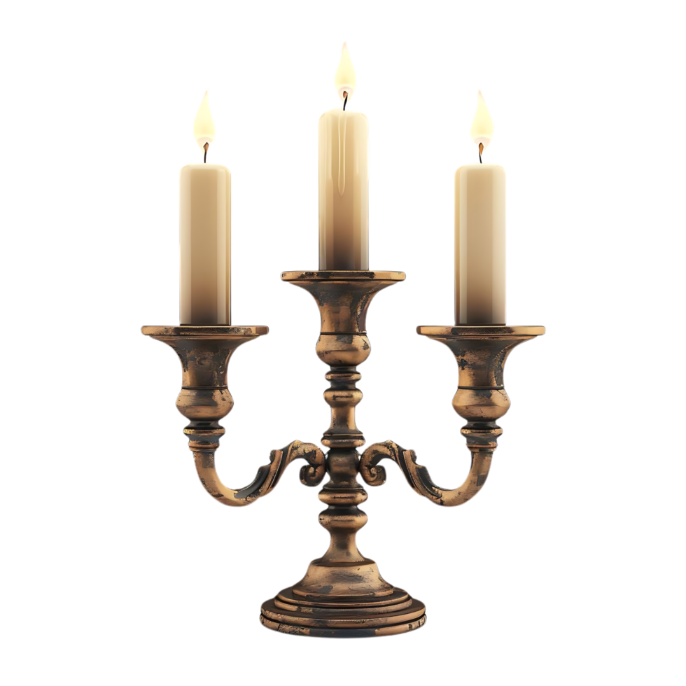 3D Rendering of a Golden Candelabra with Three Lit Candles png