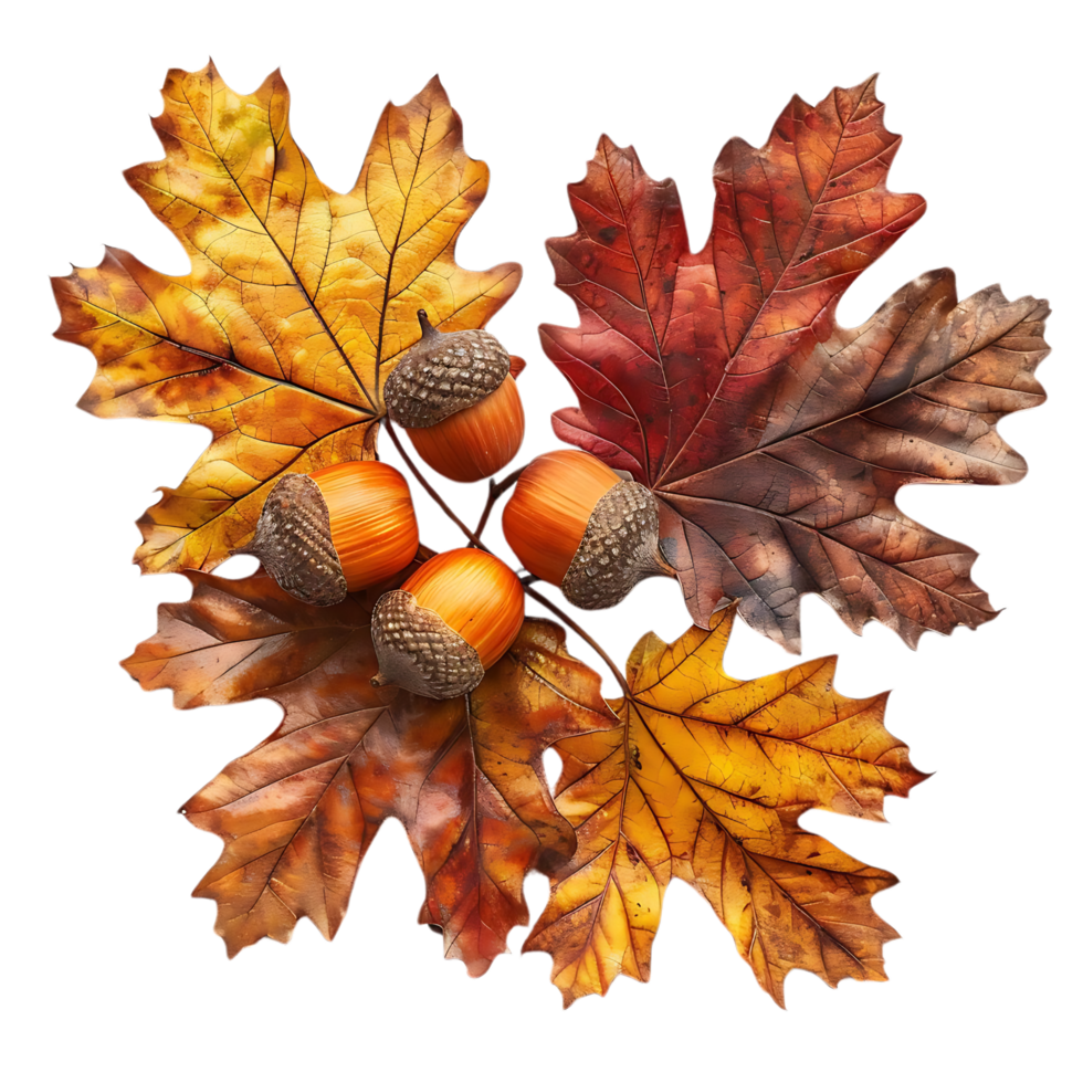 Autumn Illustration of Four Acorns Surrounded by Four Leaves png