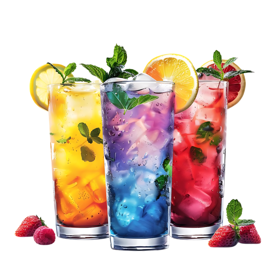 Three Colorful Summer Cocktails with Ice and Fruit Illustration png