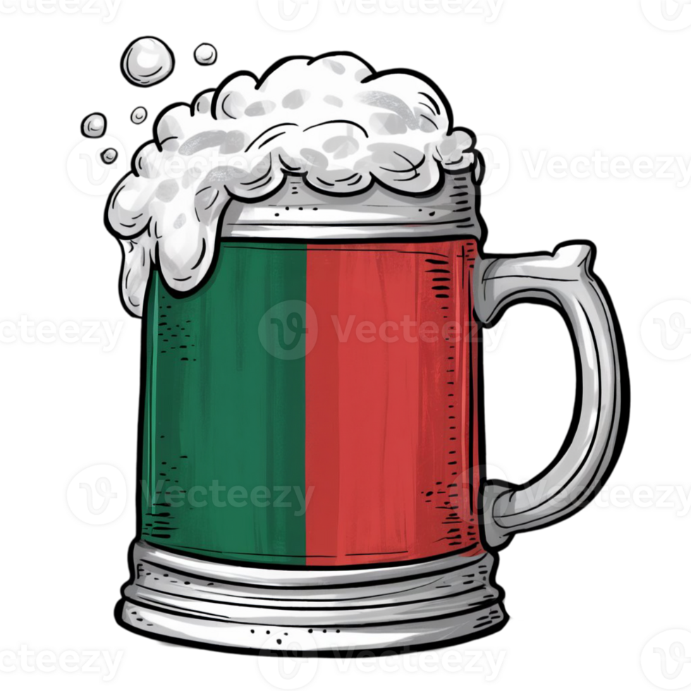 A beer mug decorated with the Portuguese flag, full of foam png