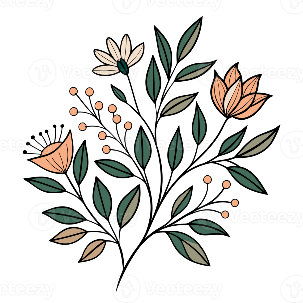 A stylized botanical design features a sprig with green leaves and pink blossoms. png