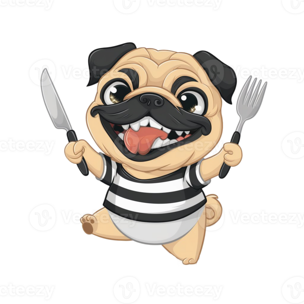 pug in black and white shirt with knife and fork png