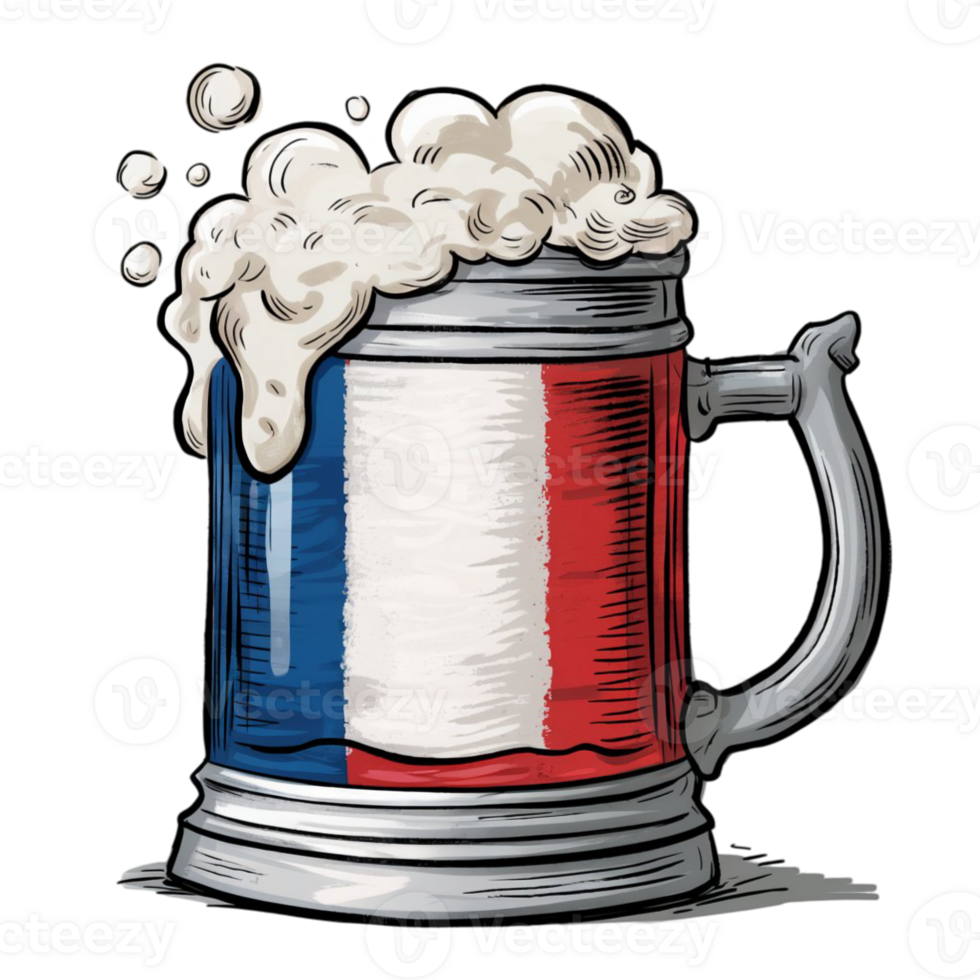 beer mug is decorated with the French flag design, featuring vibrant blue, white, and red vertical stripes png