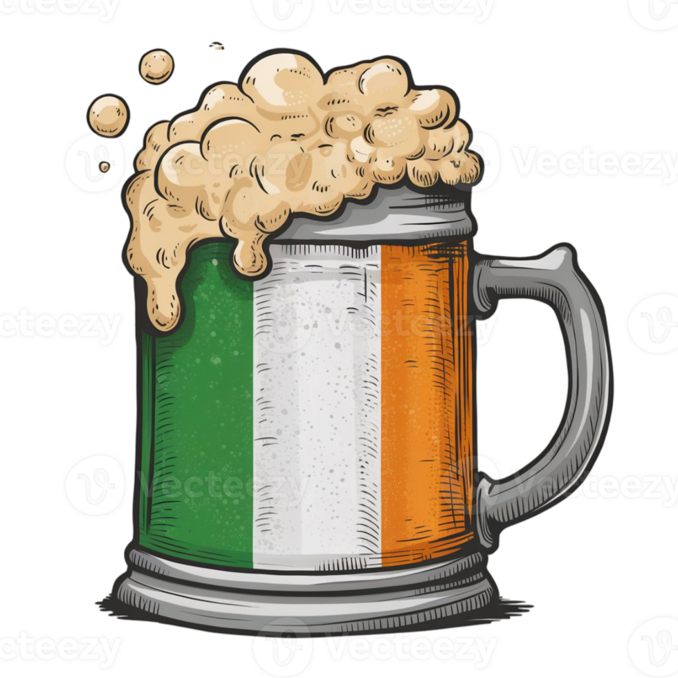 A frothy beer mug displays the colors of the Irish flag green, white, and orange png