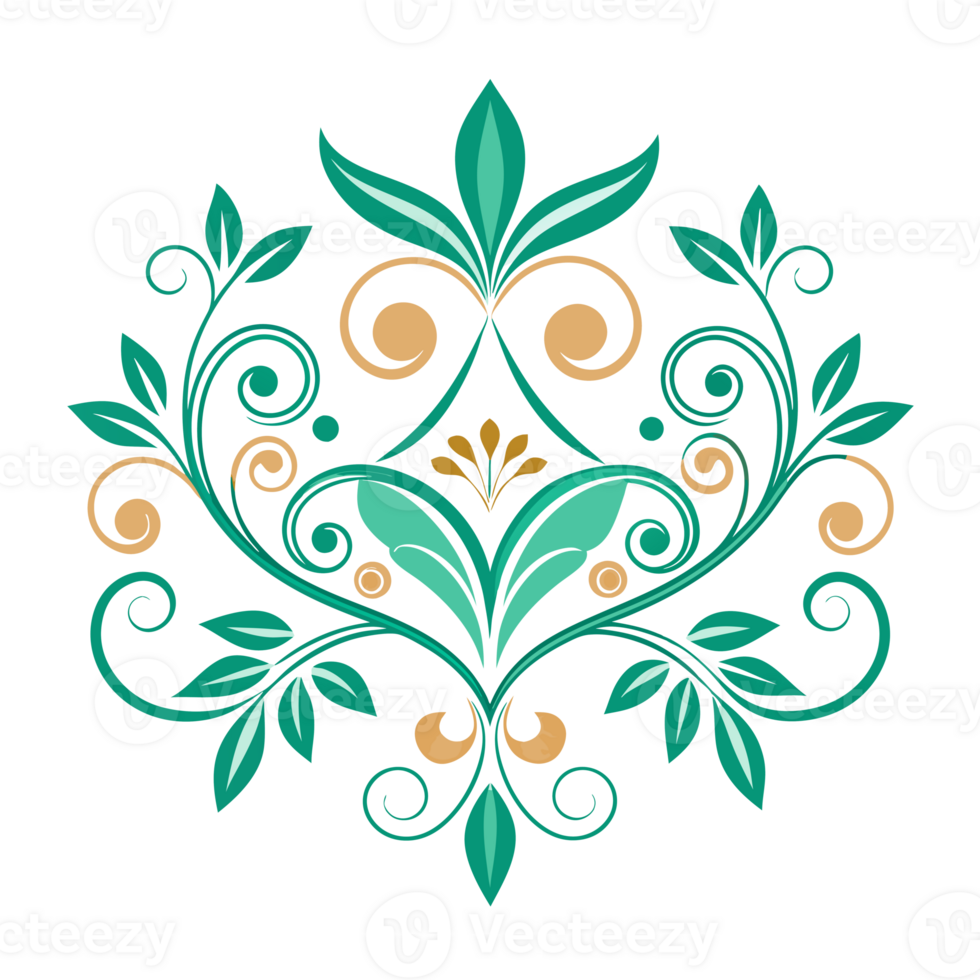 A symmetrical design featuring green and gold intricate floral patterns png