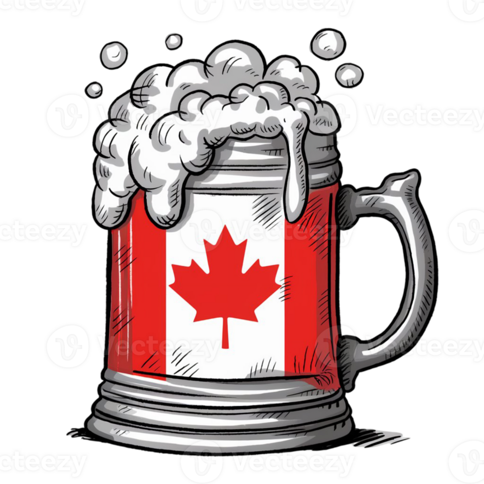 A beer mug painted with the Canadian flag overflows with frothy foam png