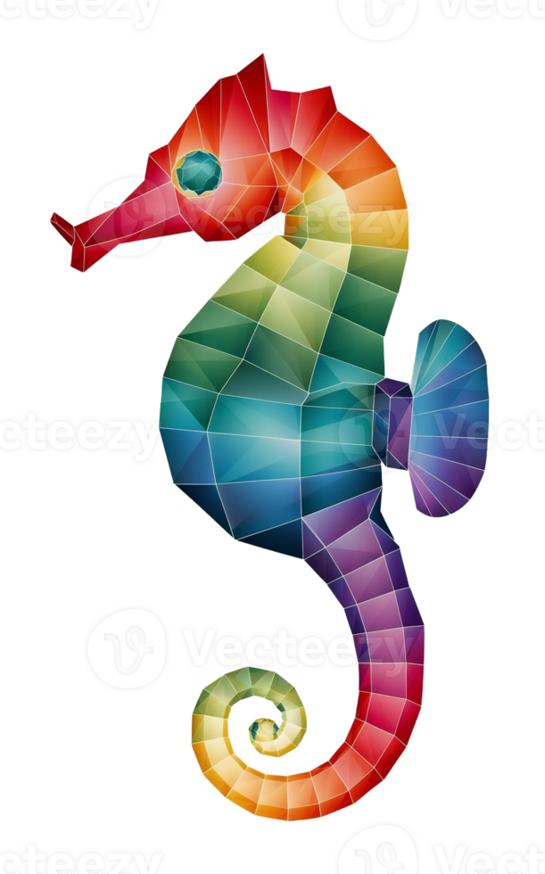 A colorful, geometric seahorse design vibrant shades of red, orange, yellow, green, blue, and purple. png