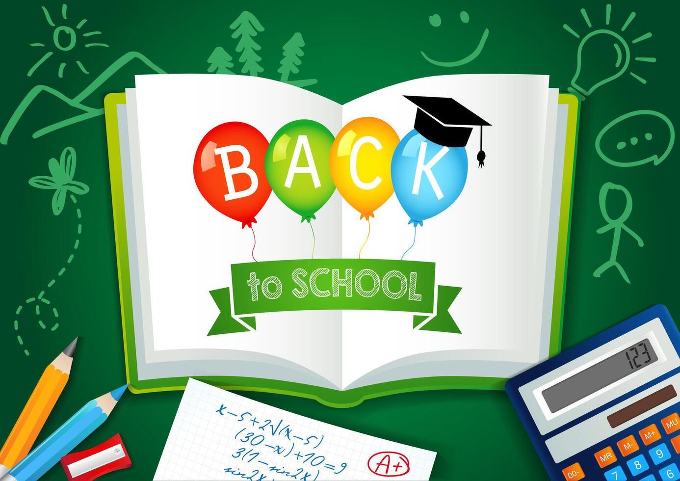 Back to School creative banner with 3D items. School decoration vector