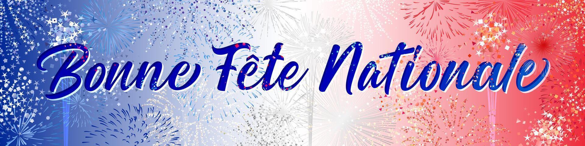 Happy National Day French congrats, horizontal decorative banner. Web button. Shiny fireworks with clipping mask. Holiday backdrop. Editable design. Creative clip art. Cute congrats. Festive style. vector