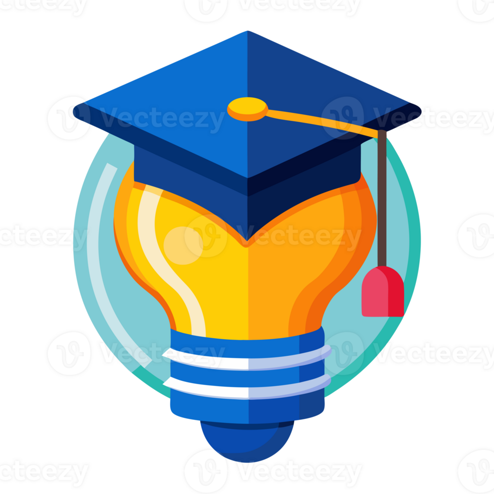 A light bulb wears a graduation cap with a tassel hanging on one side, png