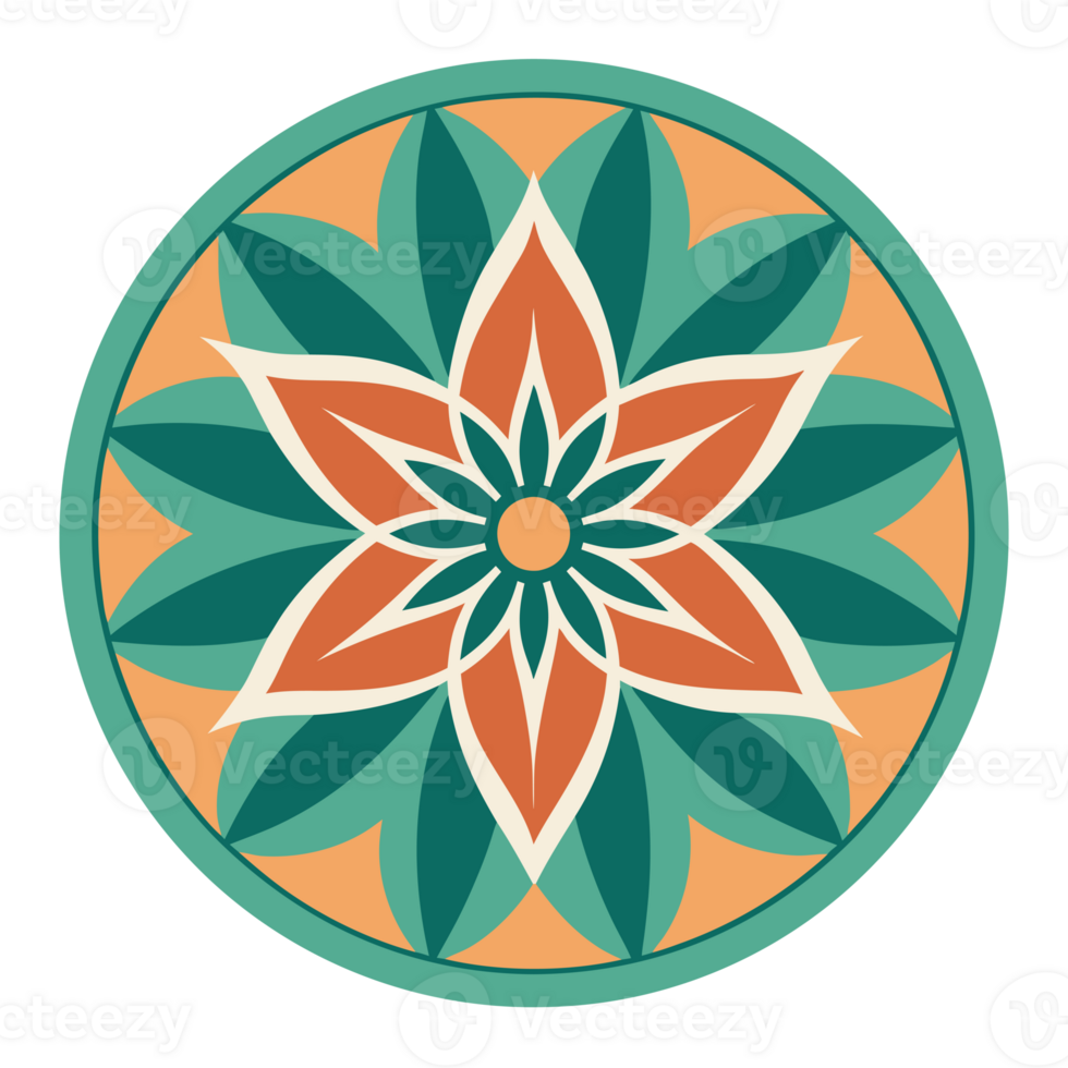 A symmetrical design features a stylized floral motif with six green petals and a central pattern of orange and white shapes png