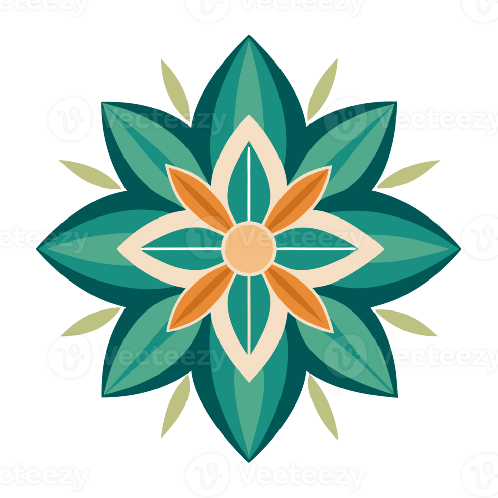 A symmetrical design features a stylized floral motif with six green petals and a central pattern of orange and white shapes png