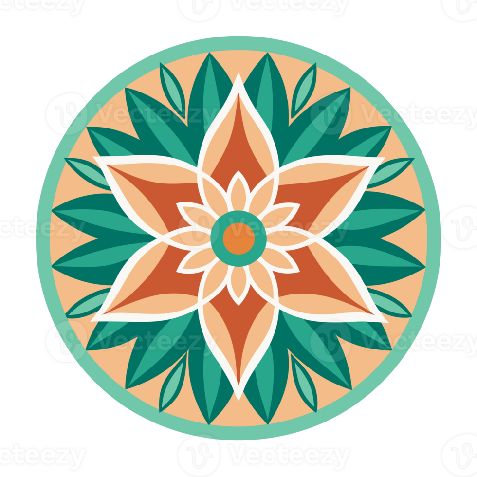 A symmetrical design features a stylized floral motif with six green petals and a central pattern of orange and white shapes png