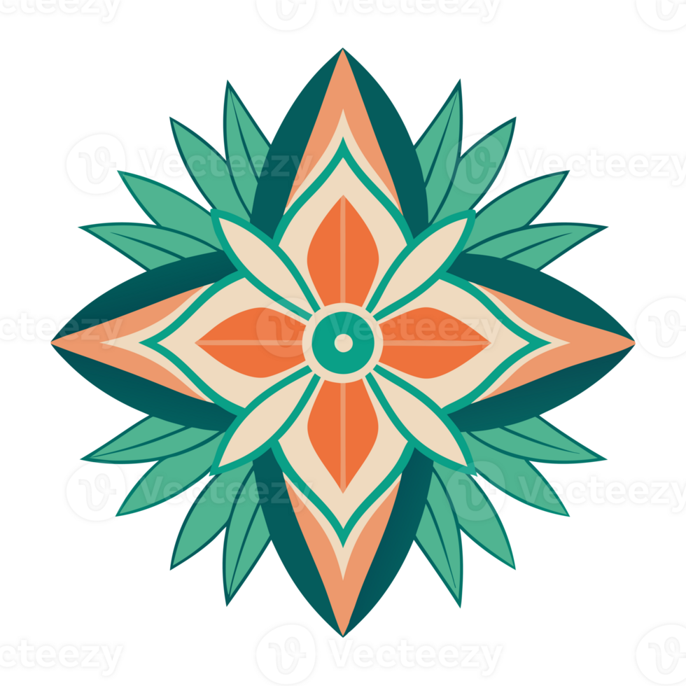 A symmetrical design features a stylized floral motif with six green petals and a central pattern of orange and white shapes png