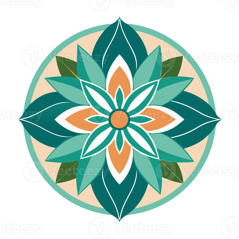 A symmetrical design features a stylized floral motif with six green petals and a central pattern of orange and white shapes png