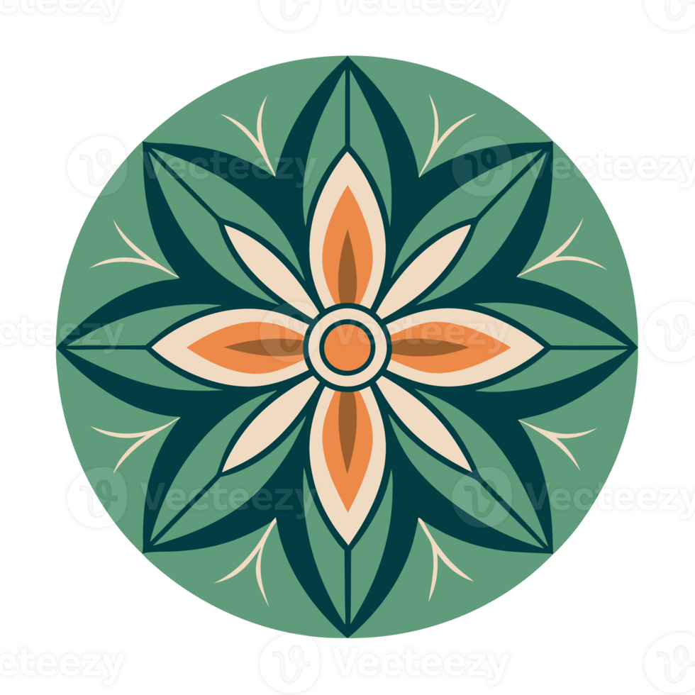 A symmetrical design features a stylized floral motif with six green petals and a central pattern of orange and white shapes png