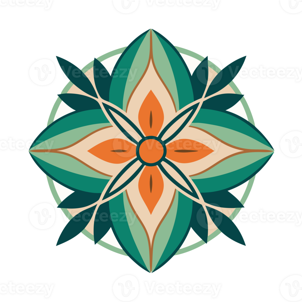A symmetrical design features a stylized floral motif with six green petals and a central pattern of orange and white shapes png