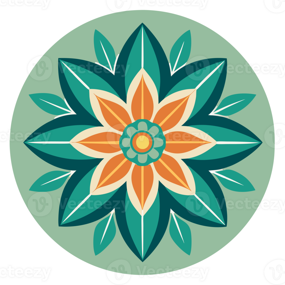 A symmetrical design features a stylized floral motif with six green petals and a central pattern of orange and white shapes png
