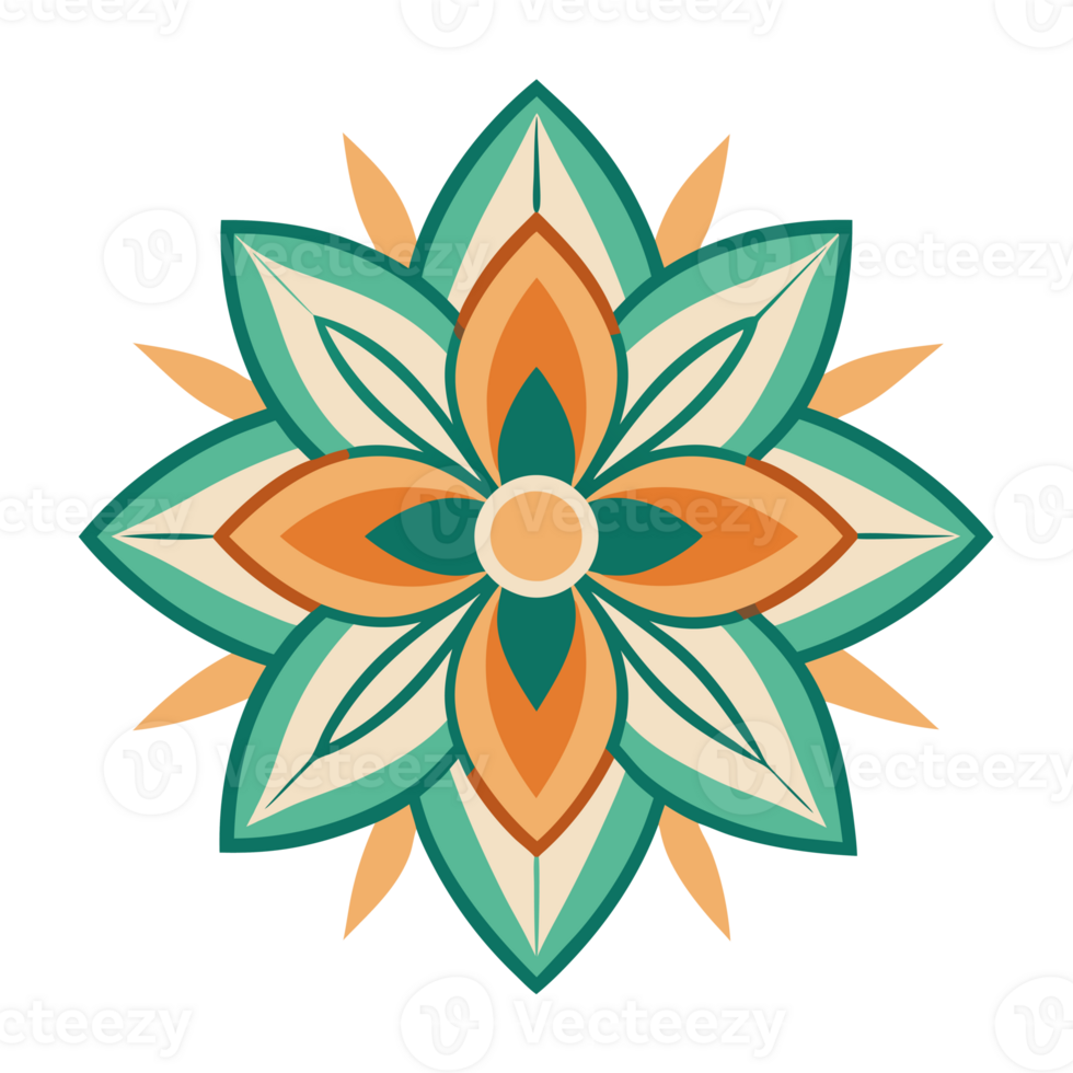 A symmetrical design features a stylized floral motif with six green petals and a central pattern of orange and white shapes png