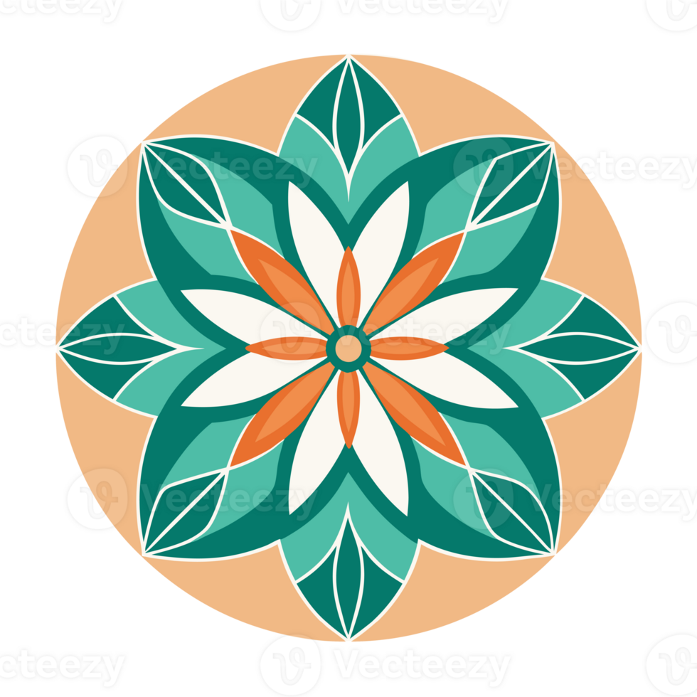 A symmetrical design features a stylized floral motif with six green petals and a central pattern of orange and white shapes png