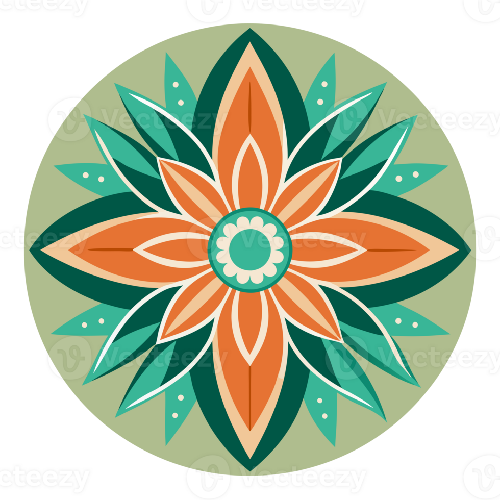 A symmetrical design features a stylized floral motif with six green petals and a central pattern of orange and white shapes png