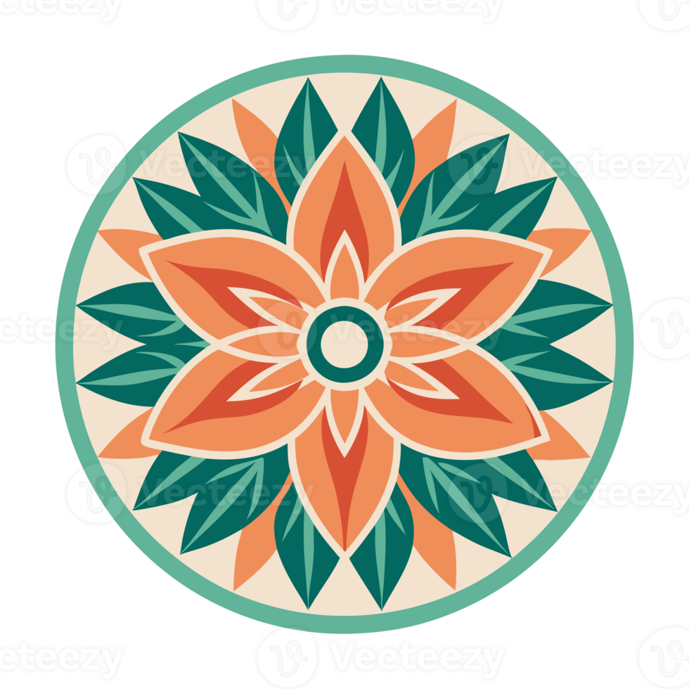 A symmetrical design features a stylized floral motif with six green petals and a central pattern of orange and white shapes png