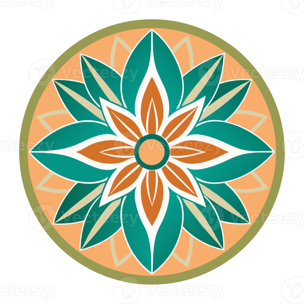 A symmetrical design features a stylized floral motif with six green petals and a central pattern of orange and white shapes png