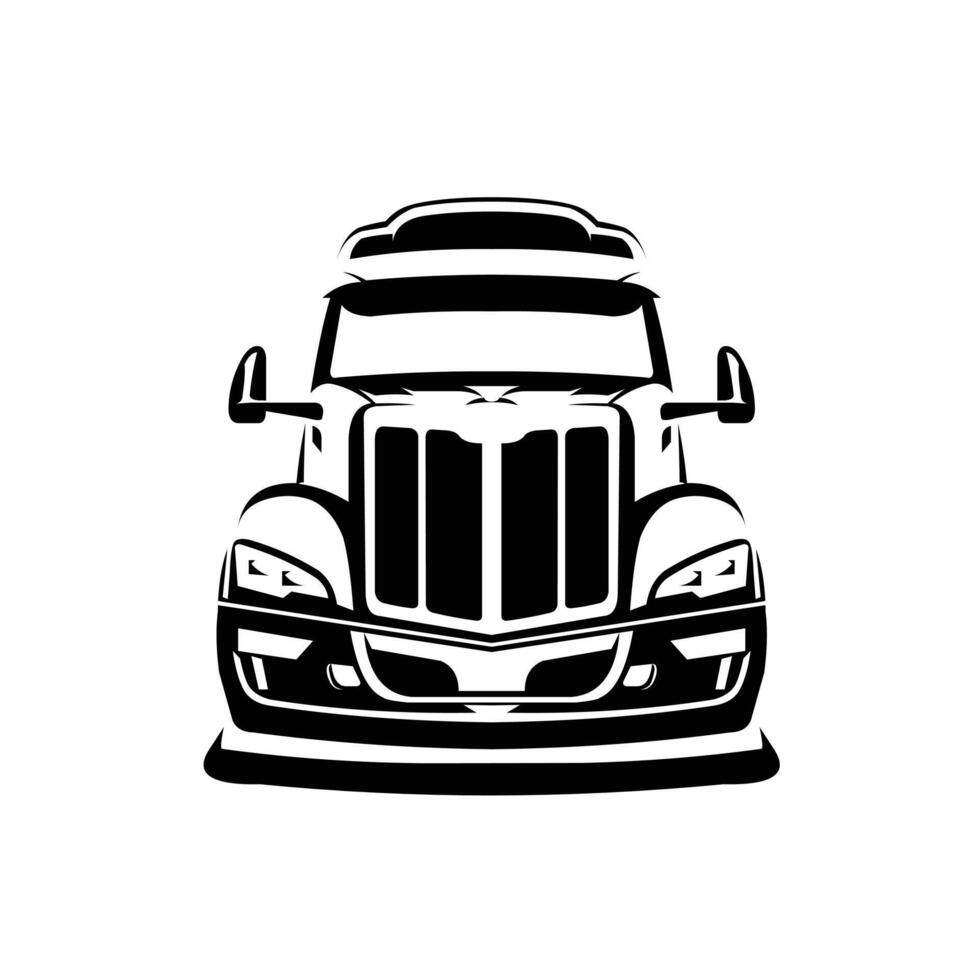 Semi truck 18 wheeler front view monochrome silhouette isolated vector