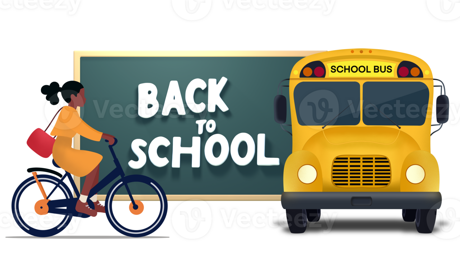 Back to School Banner Layout with Green Board Background, A large old green board stained with chalk in a school classroom, Yellow classic school bus, American education, student go to school png