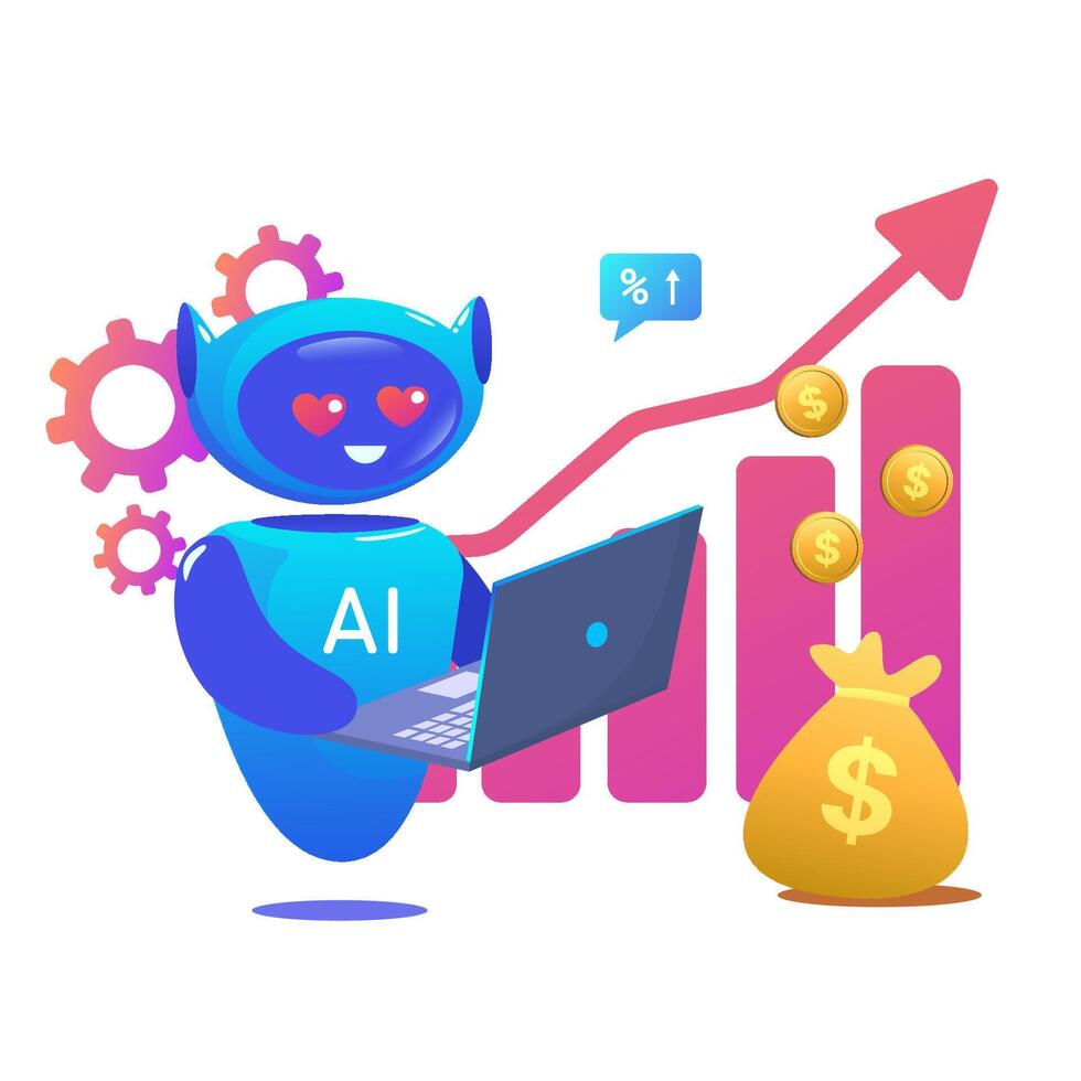 improving sales using an AI robot. Robot AI with hearts in eyes. Trading bot Stock trading concept Artificial intelligence dollar bag Abstract background vector
