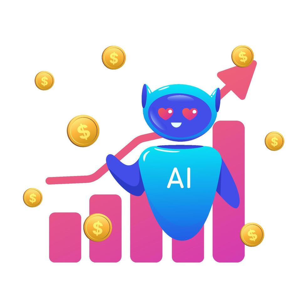 improving sales using an AI robot. Robot AI with hearts in eyes. Trading bot Stock trading concept Artificial intelligence dollar bag Abstract background vector