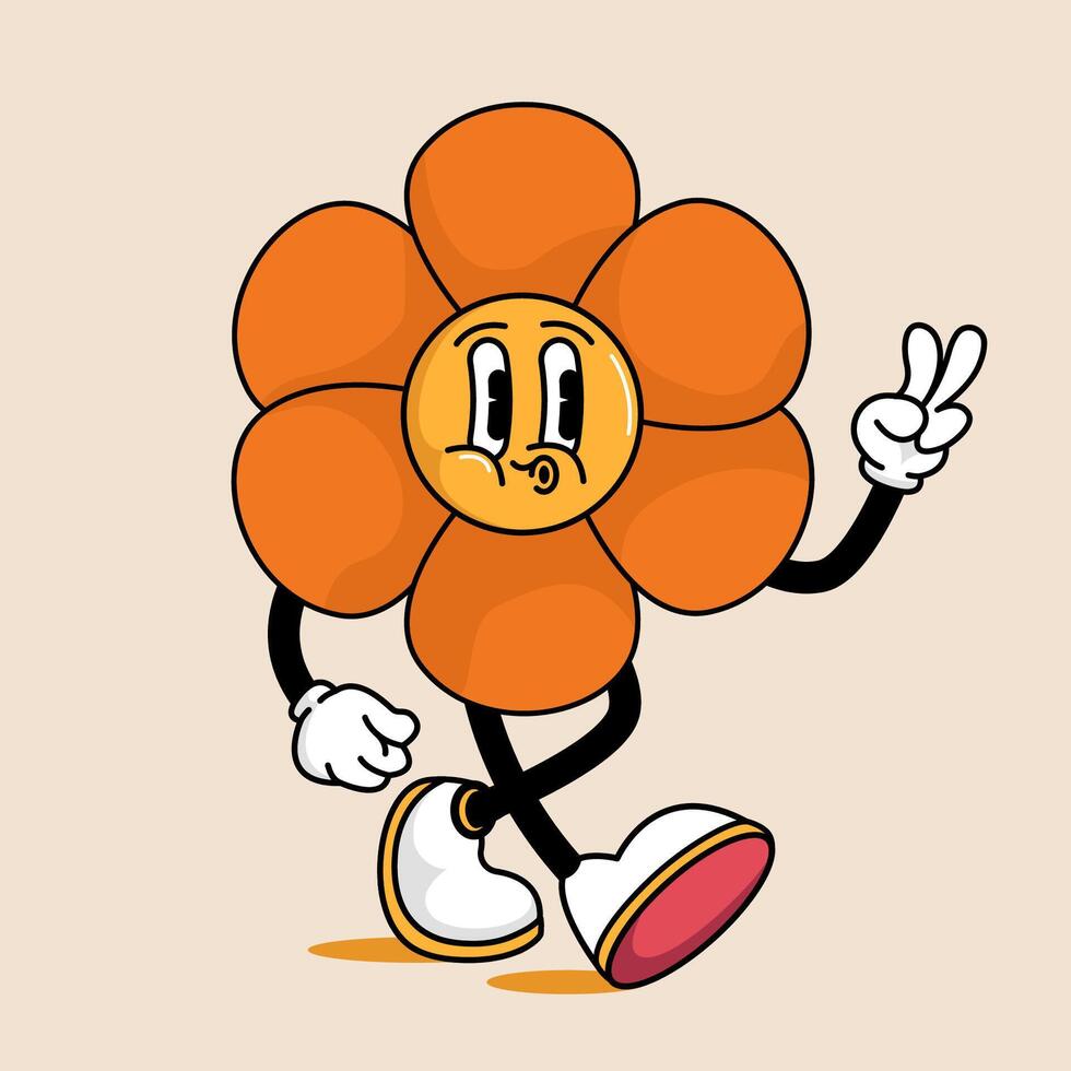 Walking flower character in illustration in vintage retro style. Retro cartoon Groovy walking smiling flower mascot showing two fingers, peace sign. vector