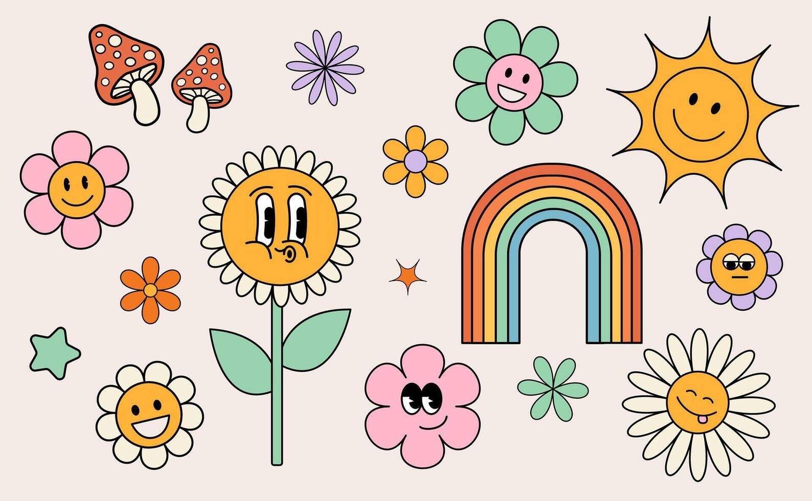 Groovy flower cartoon characters. Funny happy daisy with eyes and smile. Sticker pack in trendy retro trippy style. Isolated illustration. Hippie 60s, 70s style. vector